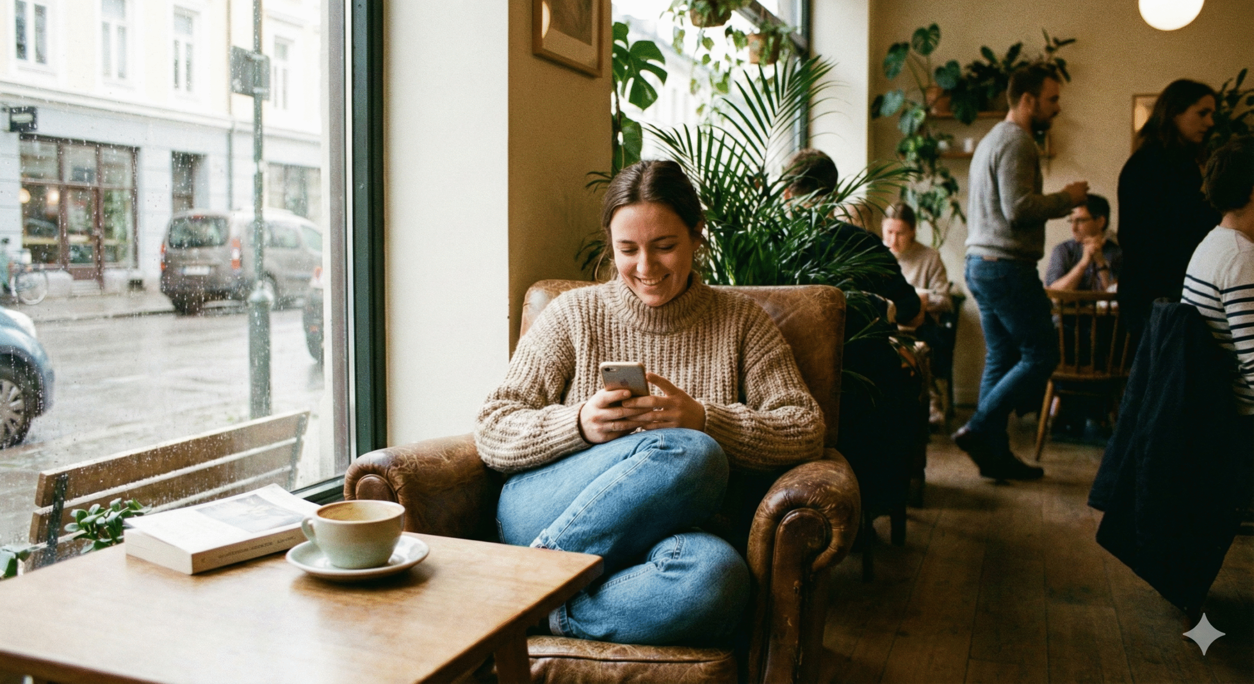 カフェでスマホを見ながらリラックスしている女性