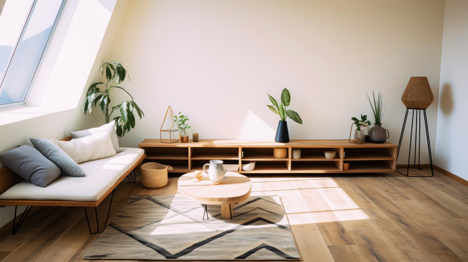 リビングの棚にスタッキングされた白い収納ボックス