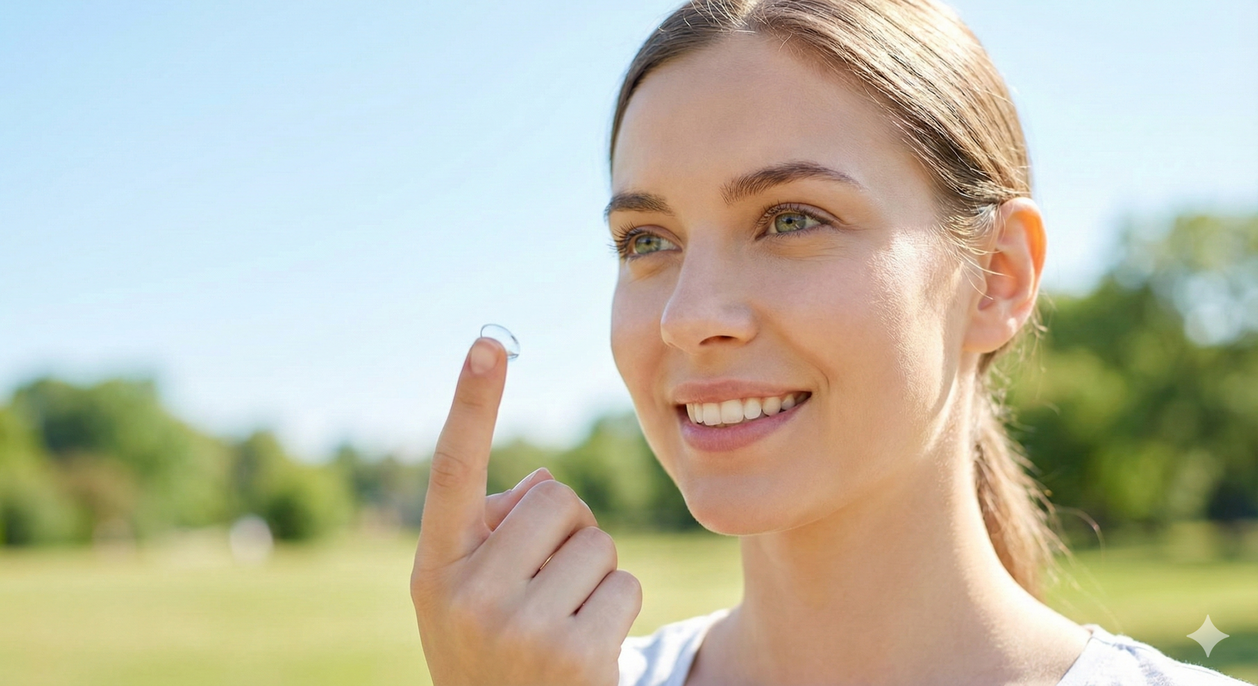 コンタクトレンズをつけて遠くを見つめる笑顔の女性