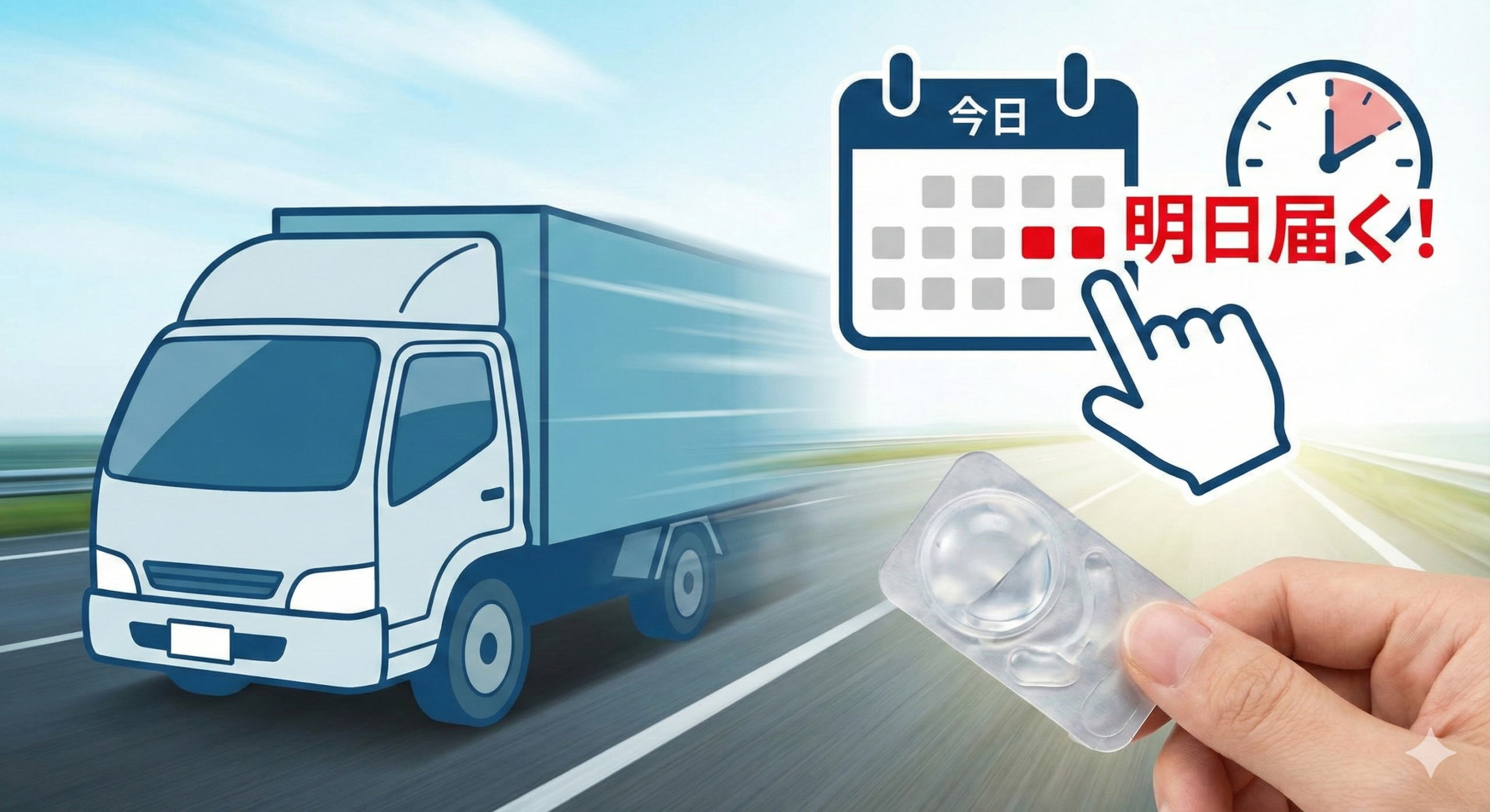 配送トラックと時計のイメージで即日発送を表現