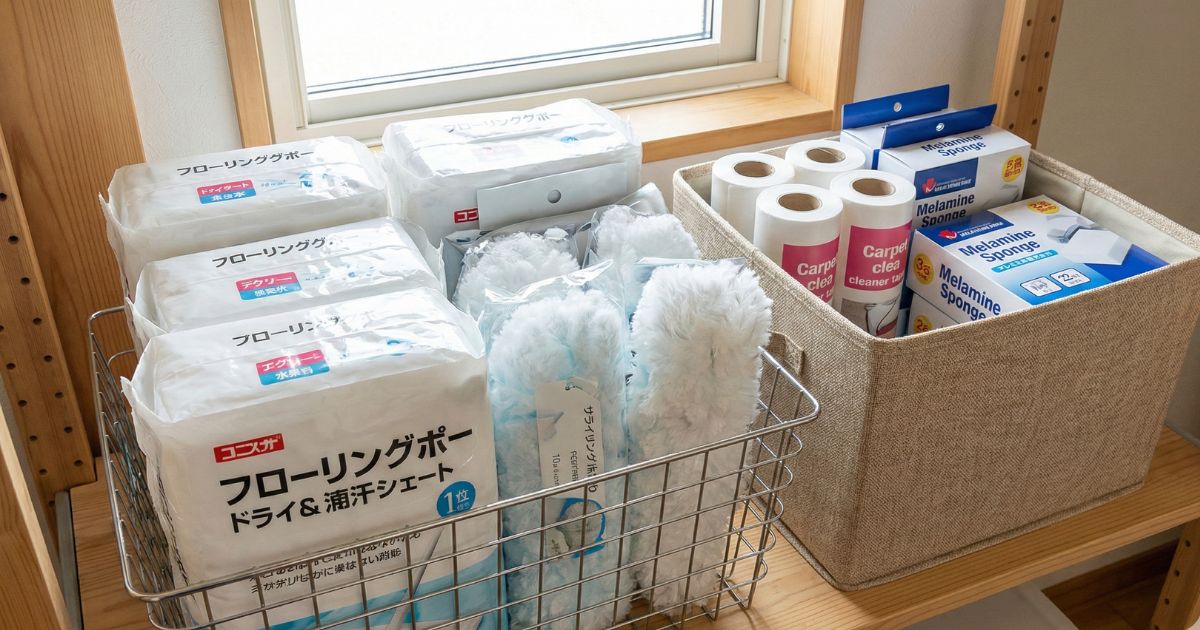 バスケットにまとめられた掃除用品のストック